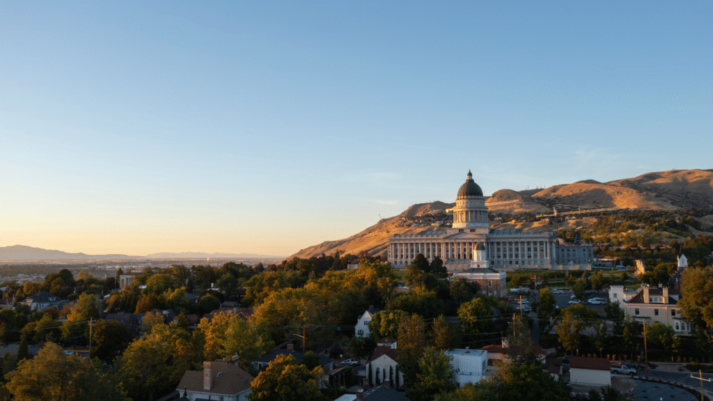 Aerial landscape drone view of the Utah Capitol in Salt Lake City on Capitol Hill
