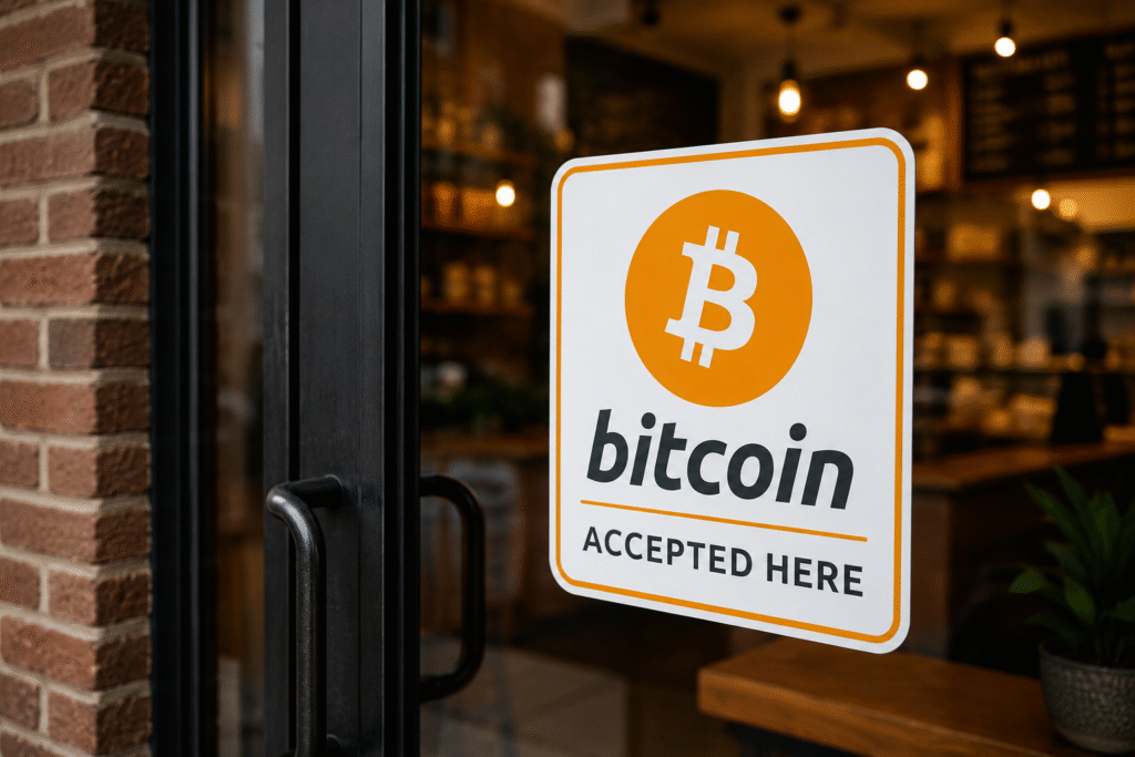 bitcoin accepted here sign on a business door